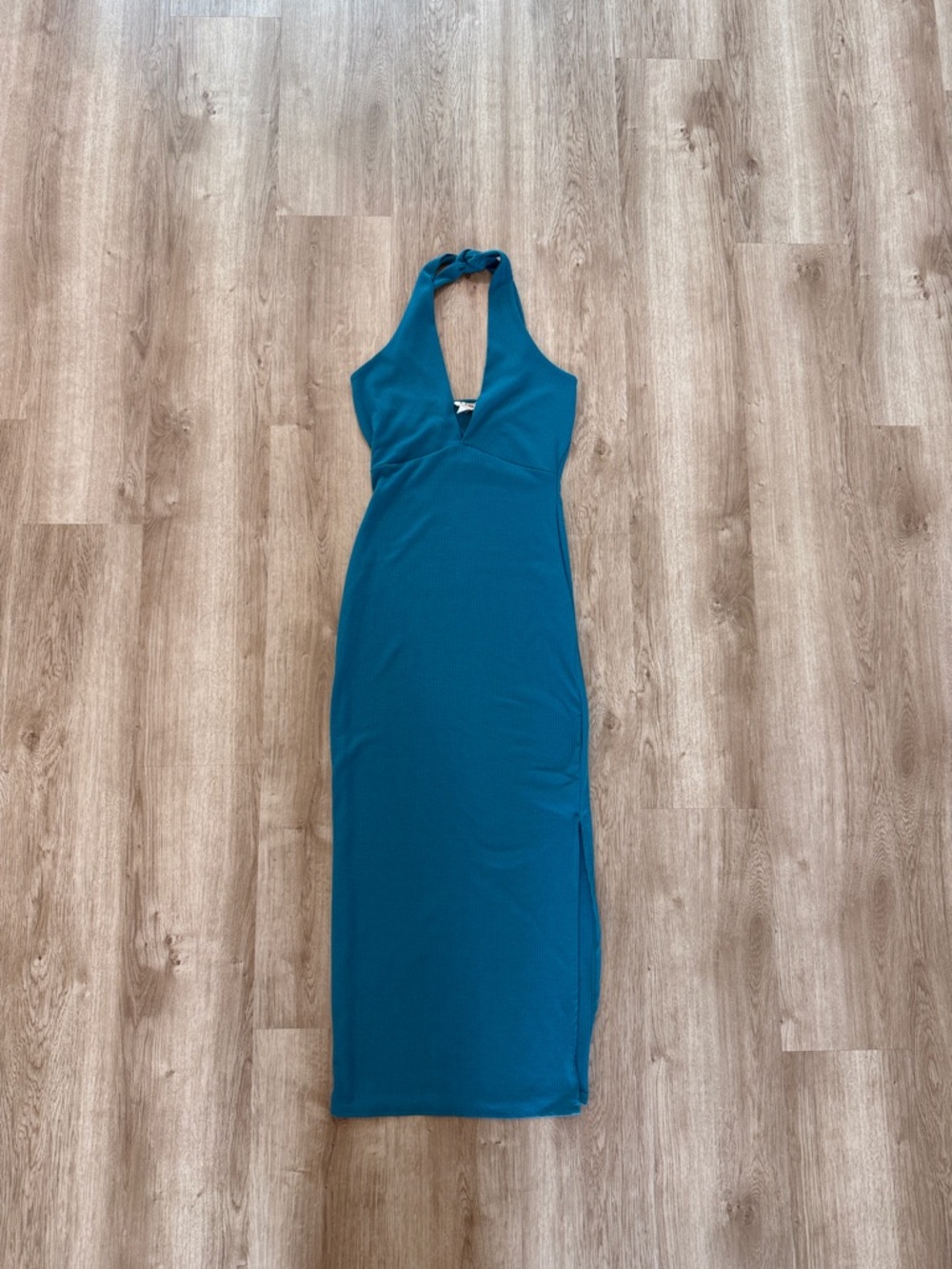 See You Monday Teal Ribbed Bodycon Halter Midi Dress